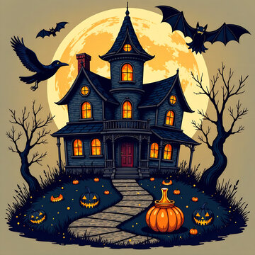 Halloween set with hanted house, raven, potion, bat, vampire mouth. Hand drawn illustration converted to vector new image