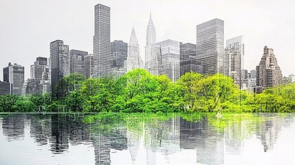 Naklejka premium double exposure of a city skyline blending with lush greenery and clean water, illustrating urban sustainability and eco-friendly living. [environment]:[Sustainable living] 