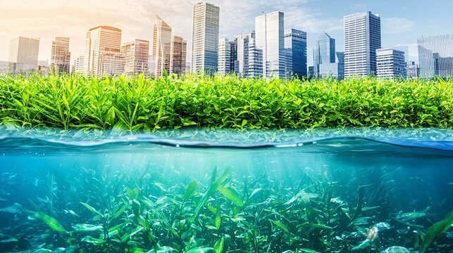 double exposure of a city skyline blending with lush greenery and clean water, illustrating urban sustainability and eco-friendly living. [environment]:[Sustainable living] 