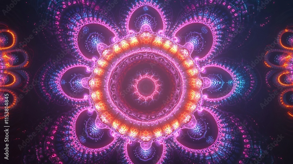 Poster mesmerizing neon fractal patterns in a kaleidoscopic digital art design featuring vibrant colors sym