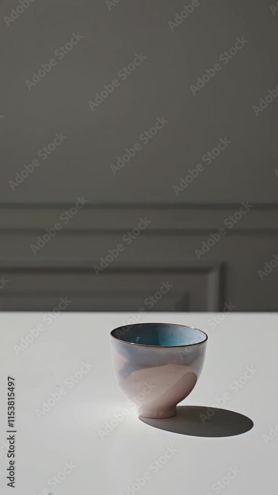 Poster elegant ceramic cup casting a soft shadow on a white table with a neutral backdrop.