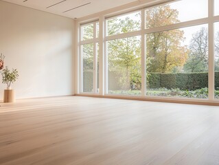 Fototapeta premium Bright, minimalist interior with large windows and wooden flooring showcasing natural light and greenery outside.