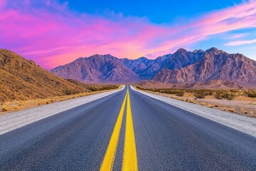 An empty highway at dawn, with soft pink and purple hues filling the sky and long shadows stretching across the road