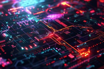 Obraz premium Abstract Neon Circuit Board Pattern with Glowing Lines
