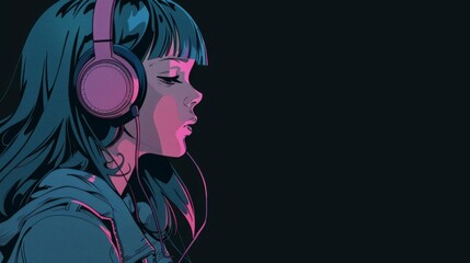 Beautiful anime girl listening to lofi hip hop music with headphones. Manga, cartoon drawing.