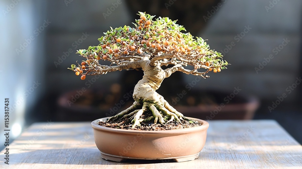 Poster compact and meticulously groomed tamarind bonsai tree in a minimalist indoor setting creating a sens
