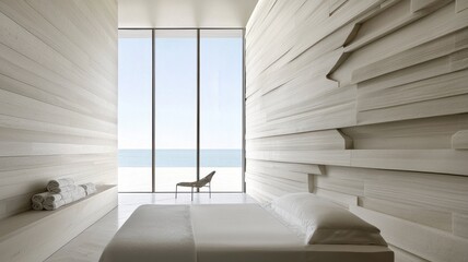 Obraz premium Modern minimalist bedroom with serene ocean view at sunrise.