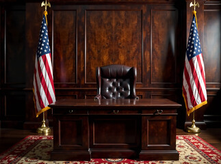 Formal dark-wood office setting featuring a stately table, high-back leather chair, and proud American flag standing tall behind, conveying authority and patriotism. new image 