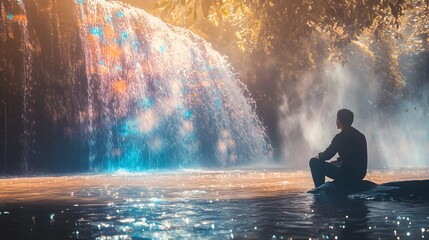 A person gazing at a shimmering waterfall with a feeling of awe and inspiration
