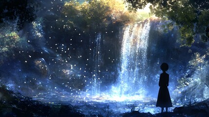 Obraz premium A person gazing at a shimmering waterfall with a feeling of awe and inspiration