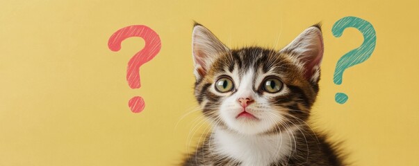 Curious kitten with a playful expression and colorful question marks.