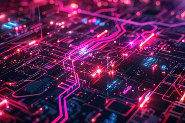 Abstract Neon Circuit Board with Glowing Pink Lines