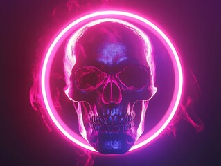 Fototapeta premium Luminous Skull Surrounded by Neon Light Rings on a Moody Black Background