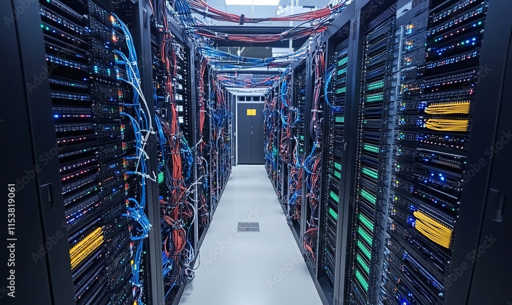 Poster a server room filled with racks of servers and colorful cables for data processing.