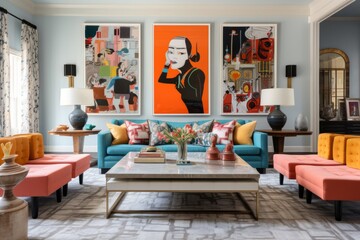 Modern living room interior design showcasing vibrant artwork and furniture