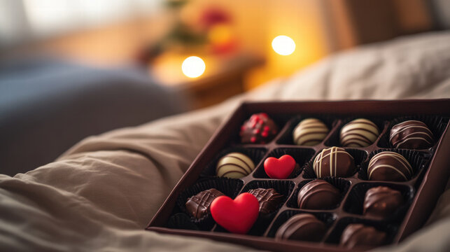 Indulging in box of assorted cho tes on cozy bed