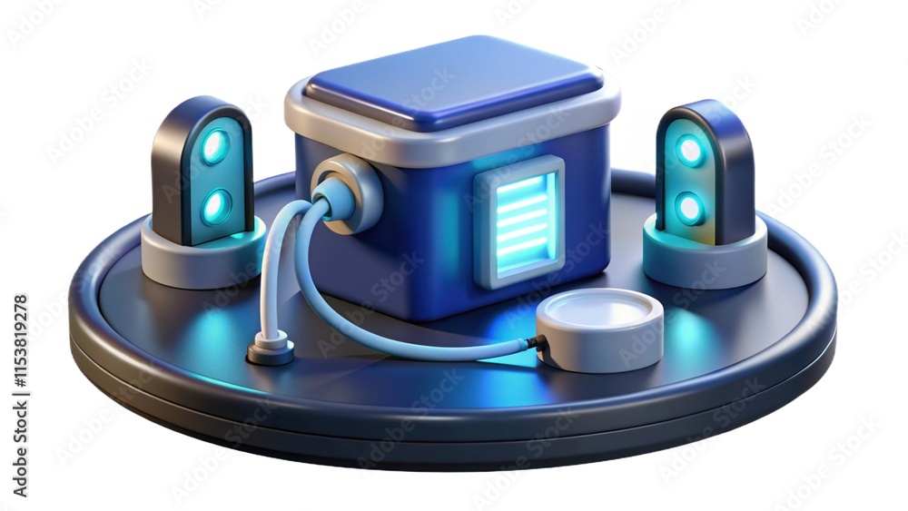 Poster a futuristic device on a circular platform, featuring a blue box with glowing elements and connected