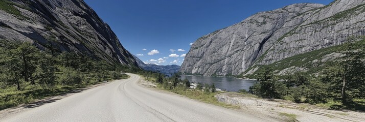 Fototapeta premium Scenic winding road alongside a lake and towering cliffs under a clear blue sky.