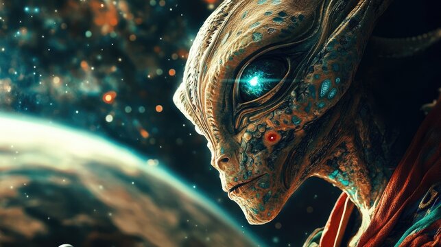 Stunning alien creature observes a vibrant planet while surrounded by sparkling stars and swirling galaxies in the depths of space