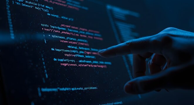 An abstract and futuristic technology background showcasing programming code on a glowing digital interface. The lines of code are vividly color-coded, floating against a dark, sleek surface