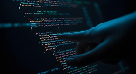 An abstract and futuristic technology background showcasing programming code on a glowing digital interface. The lines of code are vividly color-coded, floating against a dark, sleek surface