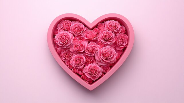 Fototapeta Pink roses filling a heart-shaped box on pink background.