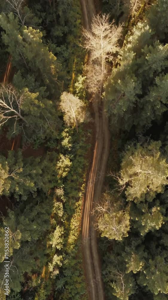 Poster Aerial view of a forest path surrounded by bare trees and greenery.