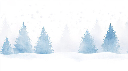 Fototapeta premium A soft January winter watercolor scene with snowy pine trees painted in delicate blues and whites, their branches dusted with frost. The sky blends gentle hues of pale blue and gray, with soft