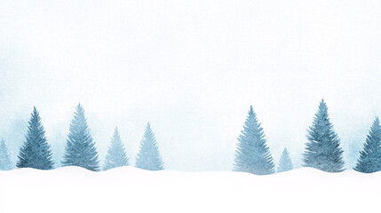 Fototapeta premium A soft January winter watercolor scene with snowy pine trees painted in delicate blues and whites, their branches dusted with frost. The sky blends gentle hues of pale blue and gray, with soft