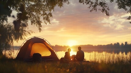 Family camping by the lake at sunset, silhouette of tent and family sitting around campfire, copy space concept for blur effect of outdoor adventure activity