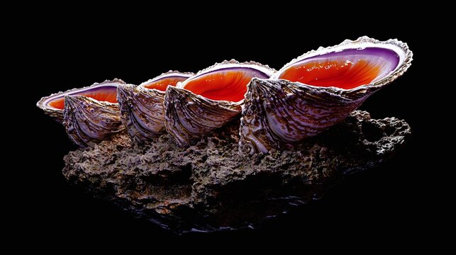 Four vibrant orange and purple seashells clustered on a dark rock, isolated on black background.