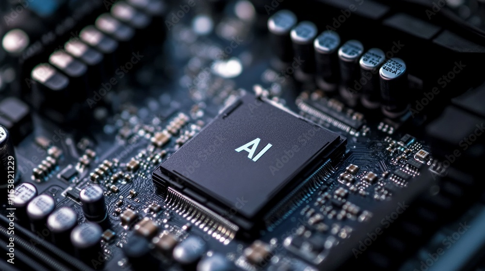 Poster concept ai (artificial intelligence) technology, chip ic on pcb, pcb circuit board, microprocessor