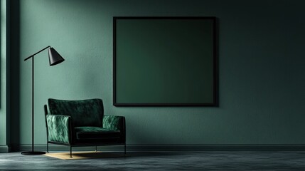 Emerald green room interior with armchair and mock-up poster.