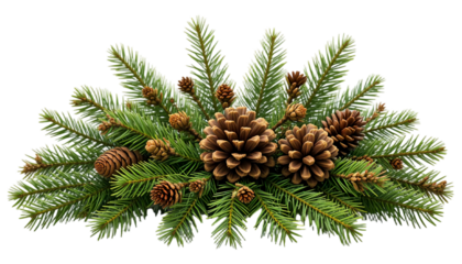 Pine cones with green pine branches isolated on white background. Suitable for marketing or business purposes. PNG file