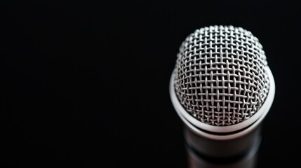 Professional microphone on a glossy black surface, ideal for music, podcasts, interviews, and audio recordings, showcasing its sleek design and high-quality construction for audio clarity.