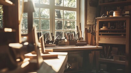 A tranquil woodworking session in a sunlit workshop, Tools and timber arranged for crafting, Woodcraft style