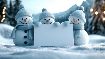 Three cheerful snowmen holding a blank sign in a winter wonderland.