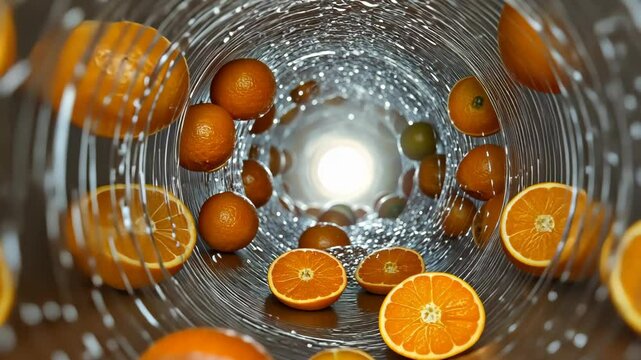 Watch as fresh oranges tumble down a spiral chute, creating a dynamic and lively display in a bustling processing facility. The bright colors and movement captivate the senses