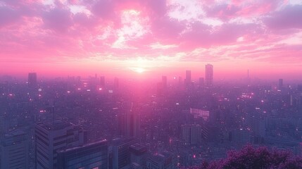 Obraz premium A vibrant sunset over a cityscape, bathed in pink hues and atmospheric light.