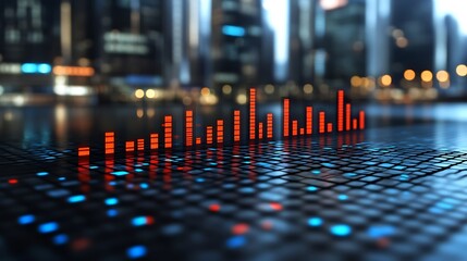 Cityscape with glowing data visualization graph.