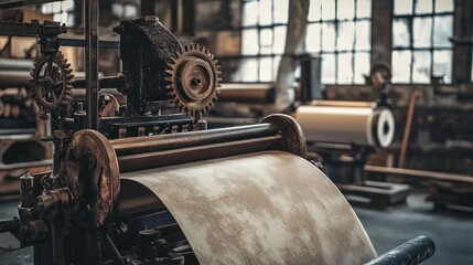 Vintage Industrial Paper Machine in a Rusted Workshop