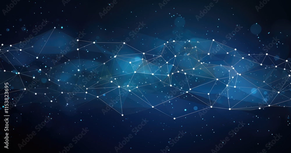 Poster abstract representation of a network with stars and connections in a cosmic background.