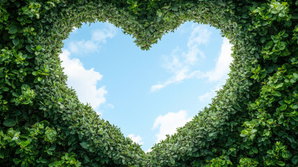 heart shaped garden framed by lush green leaves and blue sky