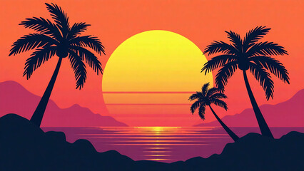 Fototapeta premium logo avec palmiers en contre-jour sur fond orangé dans le style années 80 new image