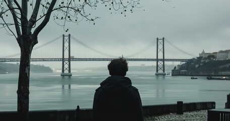 Downtown Lisbon's Tejo Bridge view with blue sky, Generative AI.