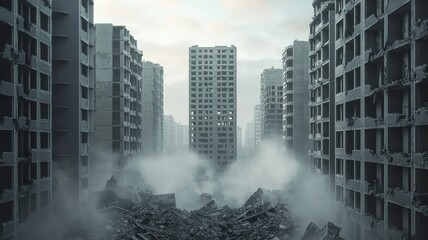 Desolate urban landscape with abandoned buildings and rubble.
