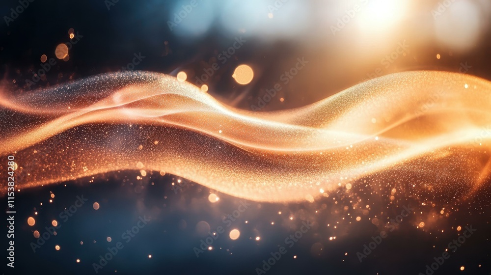 Poster golden glowing particles flowing in dynamic wave motion, abstract background for technology, futuris