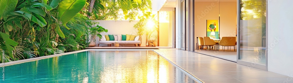Aufkleber serene poolside view with modern architecture and lush greenery.