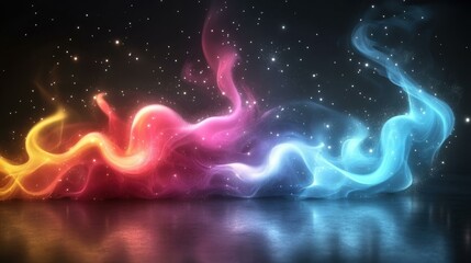 Colorful glowing smoke waves blending together, dynamic abstract energy flow, perfect for technology background, futuristic design, creative digital art with dark starry backdrop and vibrant light tr
