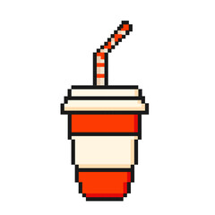 Pixel art orange and white soda cup with striped straw isolated on white background. Vintage game assets 8-bit sprite. 80s-90s, digital vintage game style.